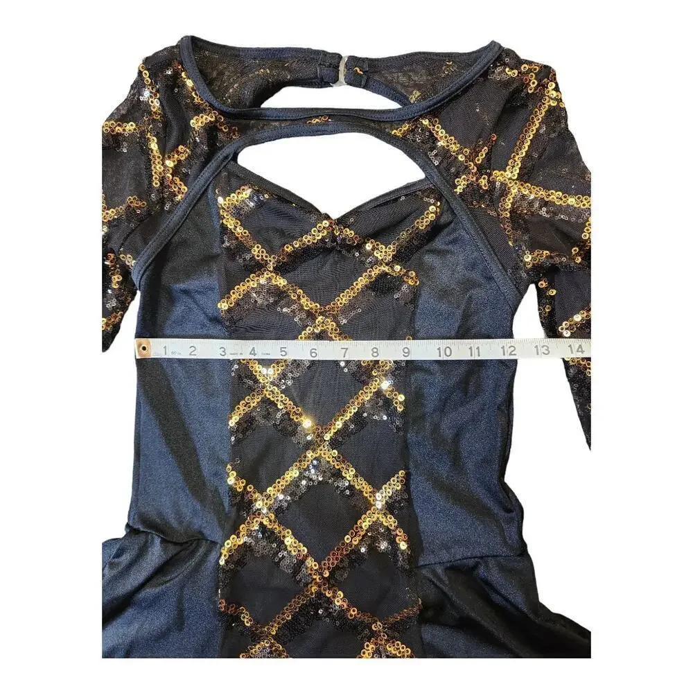 Weissman sz MA black gold sequin one piece long sleeve biketard dance ballet
